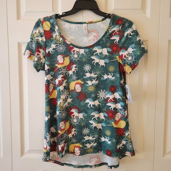 LuLaRoe Classic T-Shirt M Christmas Unicorn & Santa Design Green - Picture 1 of 9